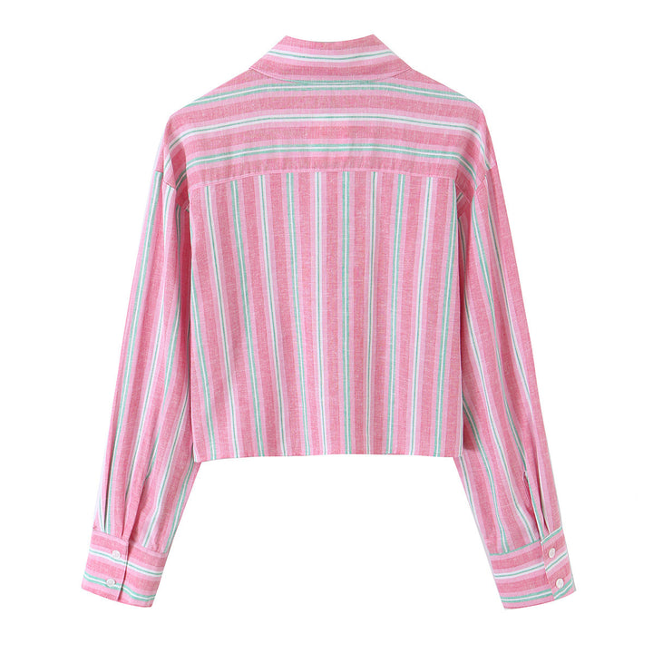 Women Short Cut Linen Blouse with Striped Pattern and Lace Chest Pockets Mune Fashion
