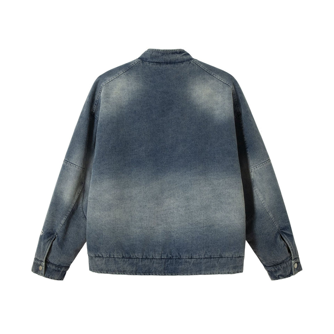 Men's jeans bomber jacket with vintage wash, patch detail and stand-up collar Mune Fashion