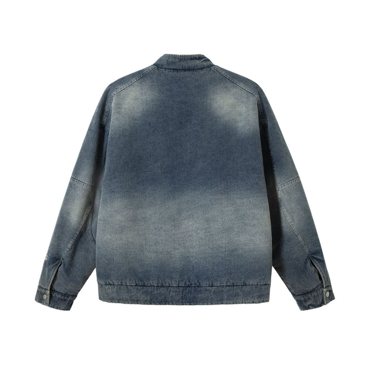 Men's jeans bomber jacket with vintage wash, patch detail and stand-up collar Mune Fashion