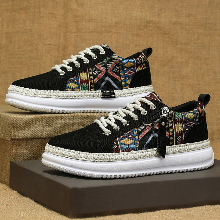 Women's espadrille-inspired platform sneakers with woven ethnic inserts, side zipper, and cushioned lightweight sole Mune Fashion