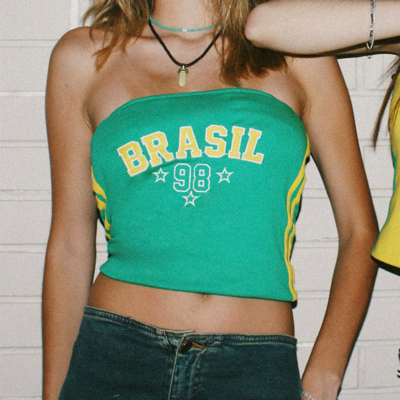 Women's short cotton crop shirt with round neck and Brazil print Mune Fashion