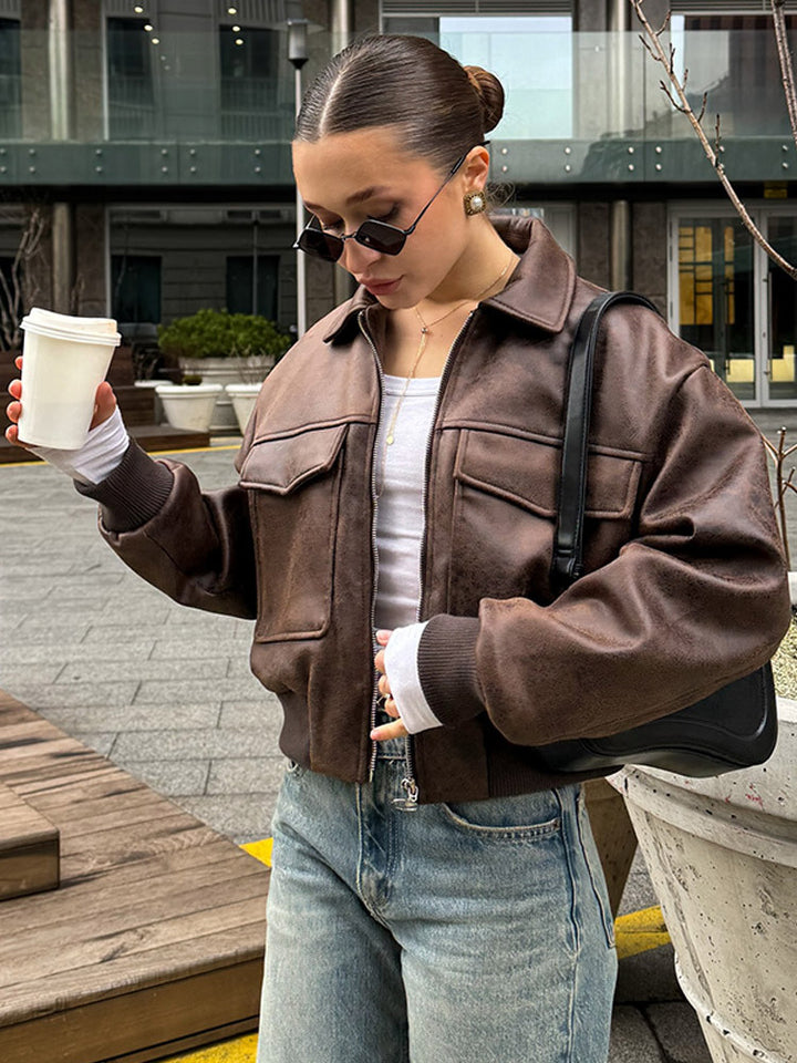 Women Cropped Suede Look Bomber Jacket with Flap Pockets and Ribbed Hem Mune Fashion