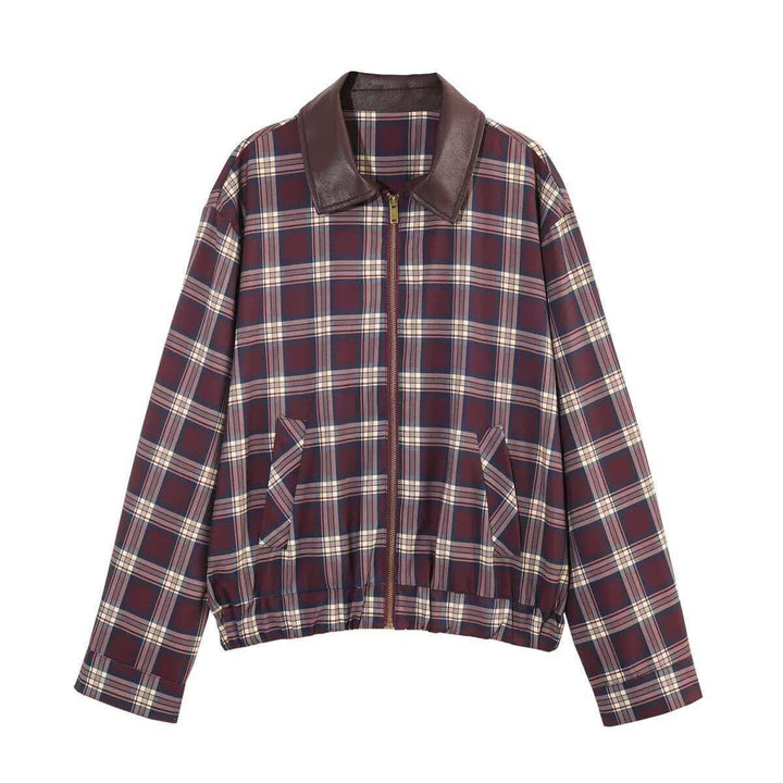 Women checked bomber jacket with faux leather collar, zipper and elastic hem Mune Fashion