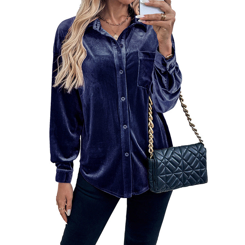 Women Elegant Velvet Blouse with Button Details Mune Fashion