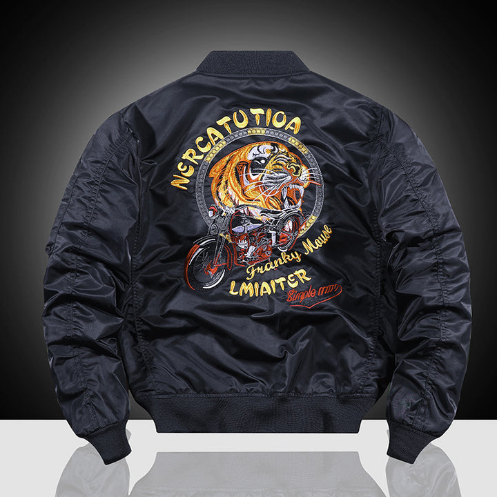 Men's Embroidered Nylon Bomber Jacket in Pilot Style with Tiger Motorcycle Design Mune Fashion