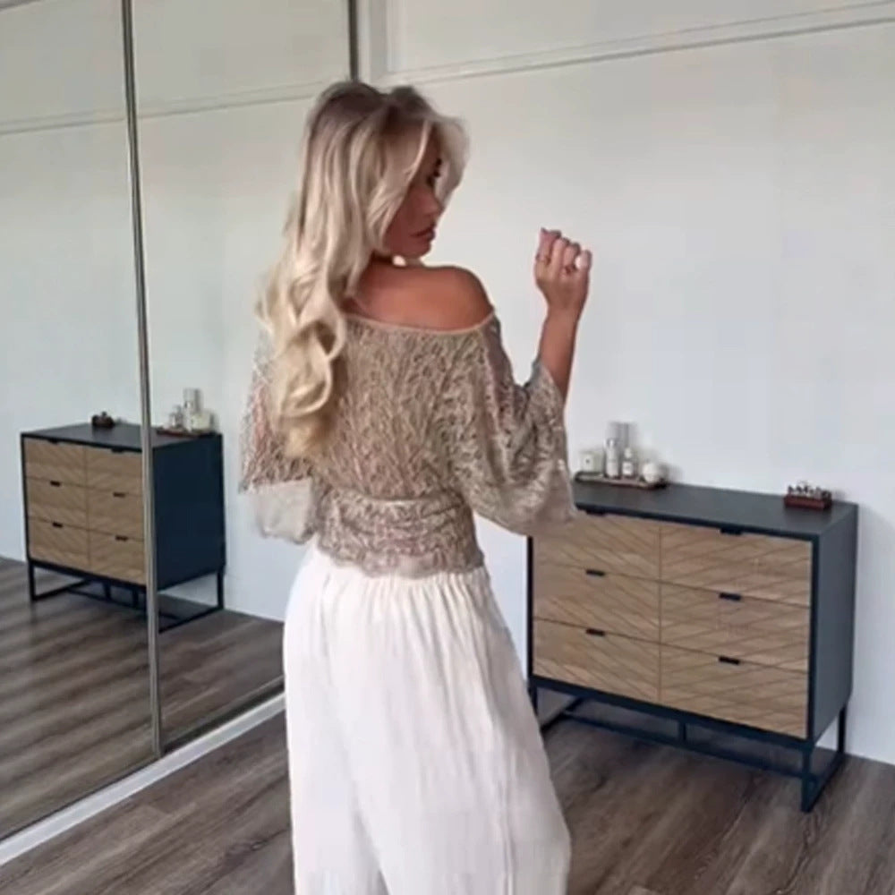Women's Off-Shoulder Crochet Knit Blouse with Drawstring and Volume Sleeves Mune Fashion
