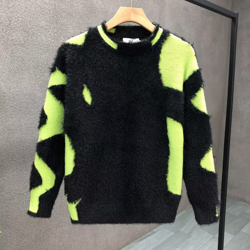 Unisex Fluffy Oversized Knit Sweater with Abstract Destroy Detail and Texture Mix Mune Fashion