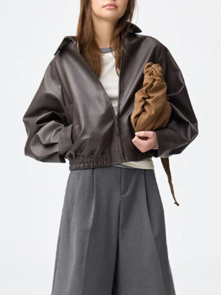 Women Boxy Cropped Faux Leather Jacket with Concealed Zipper and Elastic Hem Mune Fashion