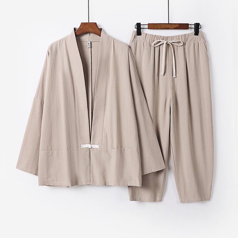 Unisex Casual Kimono Loungewear Set made of lightweight Linen Blend with Drawstring Pants Mune Fashion