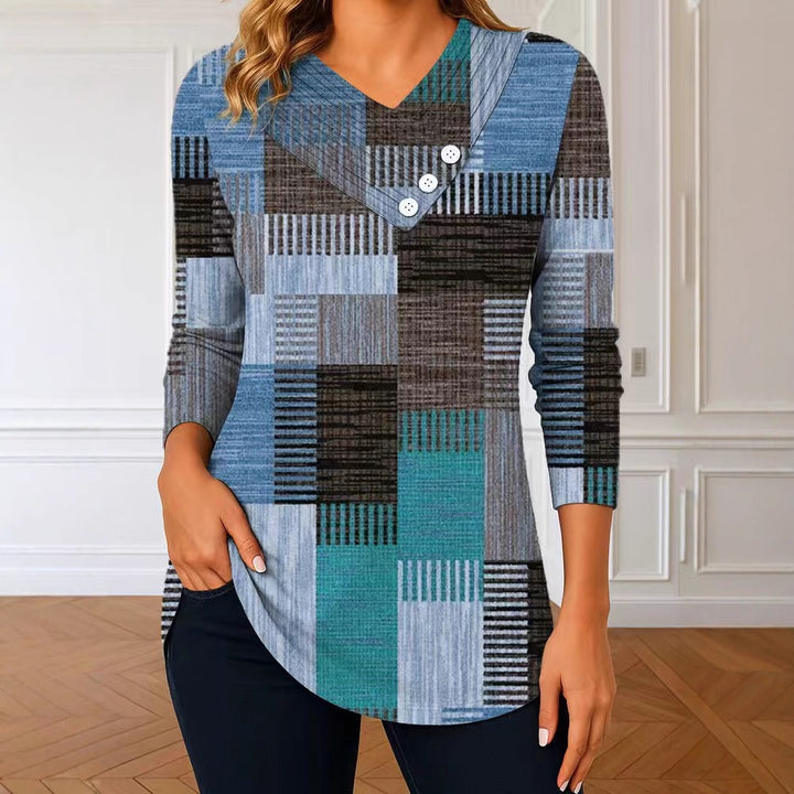 Women's long sleeve tunic with asymmetric V-neck, decorative button placket, and checkered patchwork pattern Mune Fashion