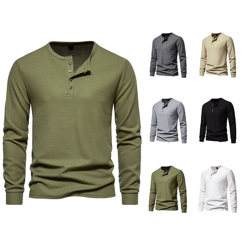 Men's Long Sleeve Henley Shirt with Textured Surface Pattern and Practical Button Details Mune
