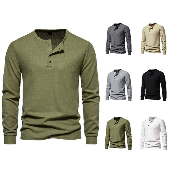 Men's Long Sleeve Henley Shirt with Textured Surface Pattern and Practical Button Details Mune