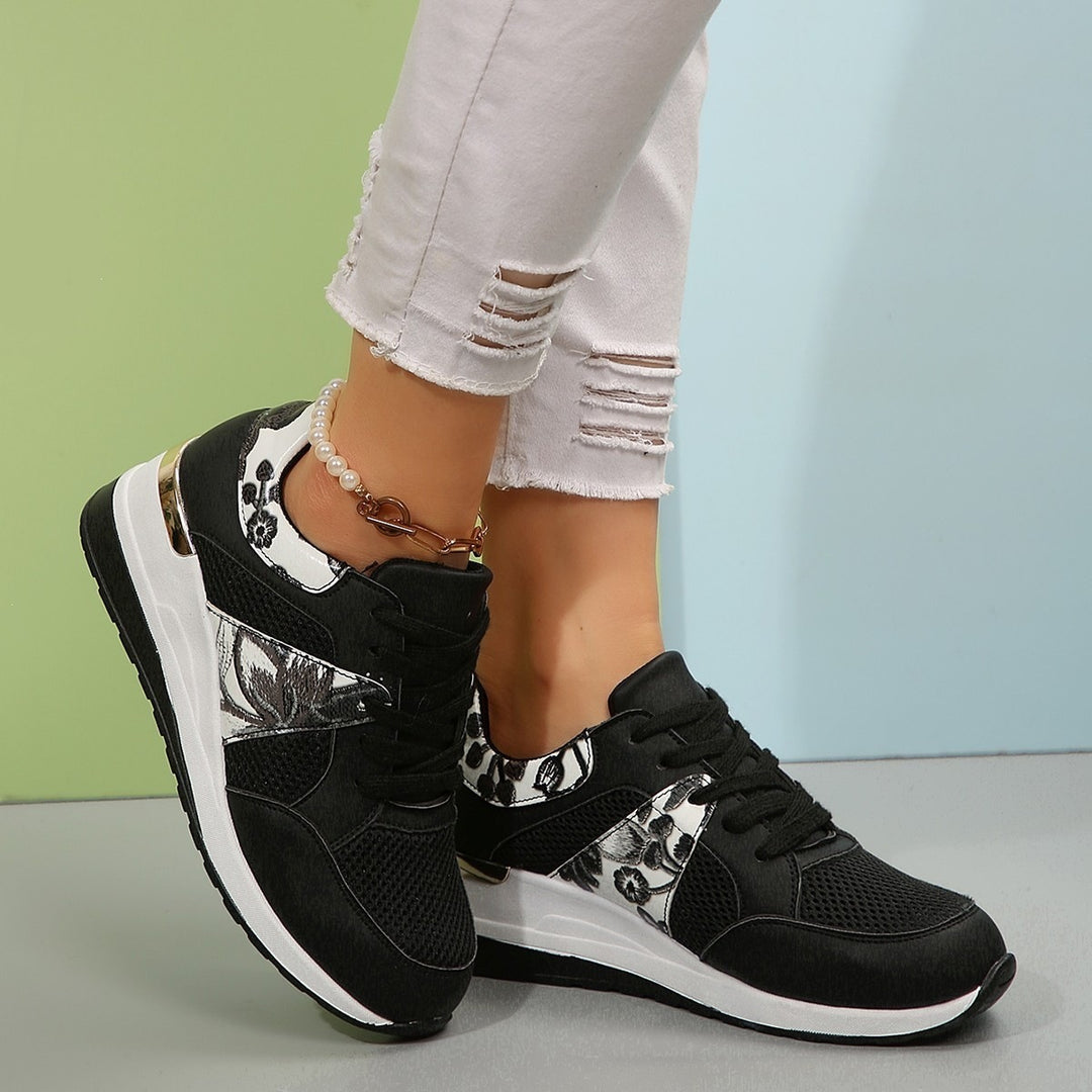 Women Wedge Sneakers with Floral Embroidery, Mesh Inserts and Metal Application Mune Fashion