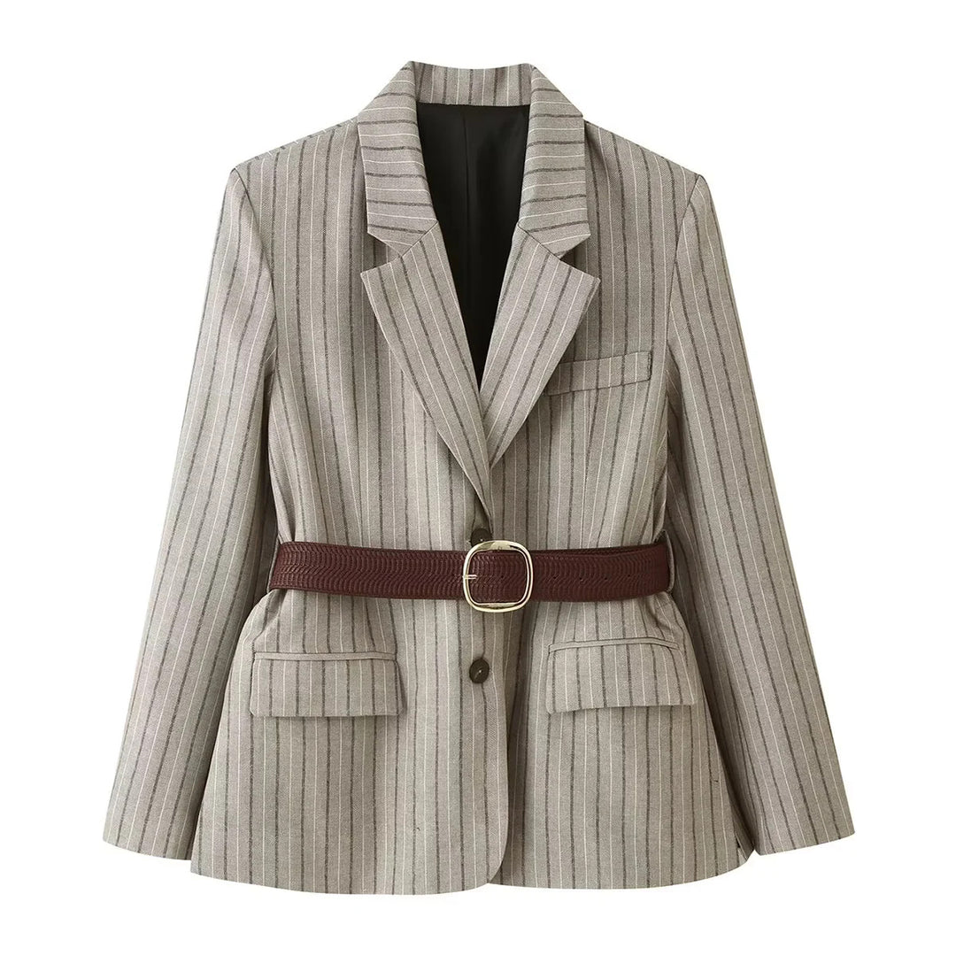 Women's fitted pinstripe blazer with decorative belt and flap pockets Mune Fashion