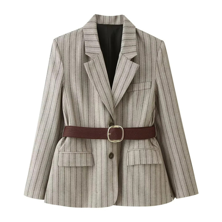 Women's fitted pinstripe blazer with decorative belt and flap pockets Mune Fashion