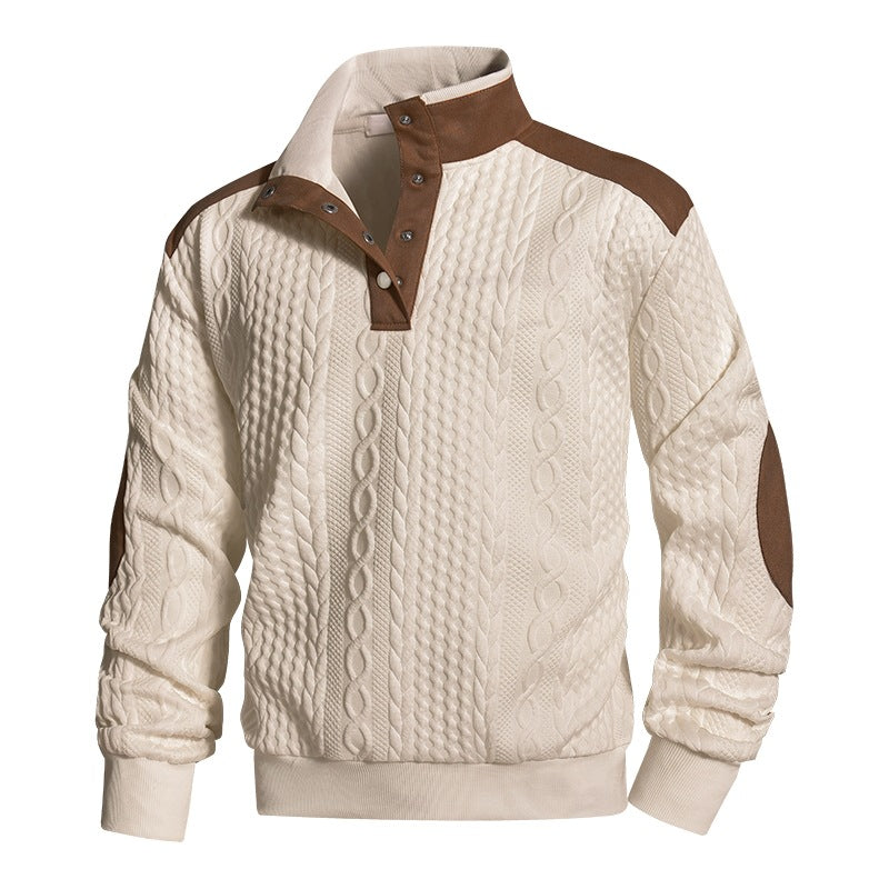 Men's knitted sweater with cable pattern, stand-up collar and contrast shoulder & elbow patches Mune Fashion