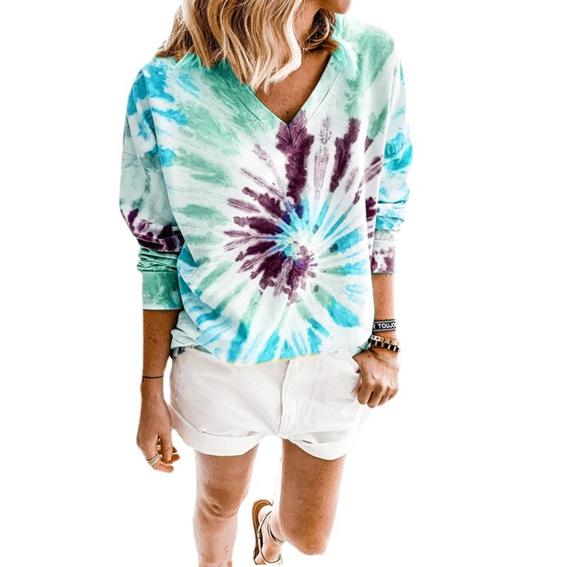 Ladies Casual Tie-Dye V-Neck Sweater with Loose Fit Drune