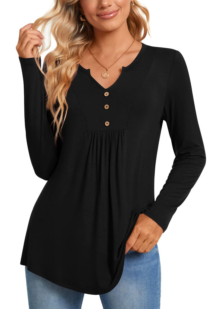 Women's Long Sleeve V-Neck Tunic with Button Placket, Gathering, and Side Pocket Mune Fashion