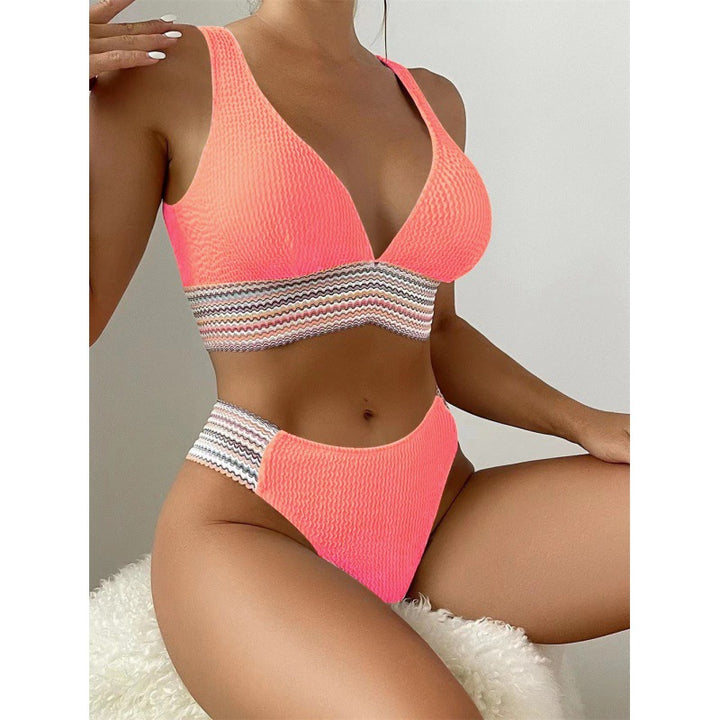 Women's Wave Pattern Bikini Set with Deep V-Neck Mune Fashion