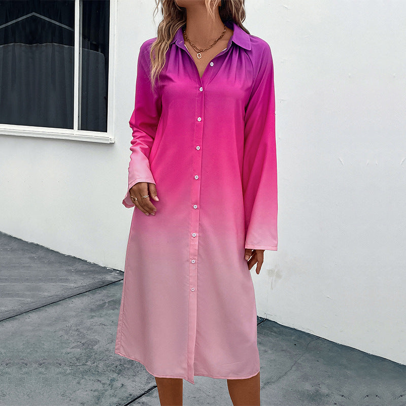 Ladies shirt dress with gentle color gradient, loose fit and roll-up three-quarter sleeves Mune Fashion