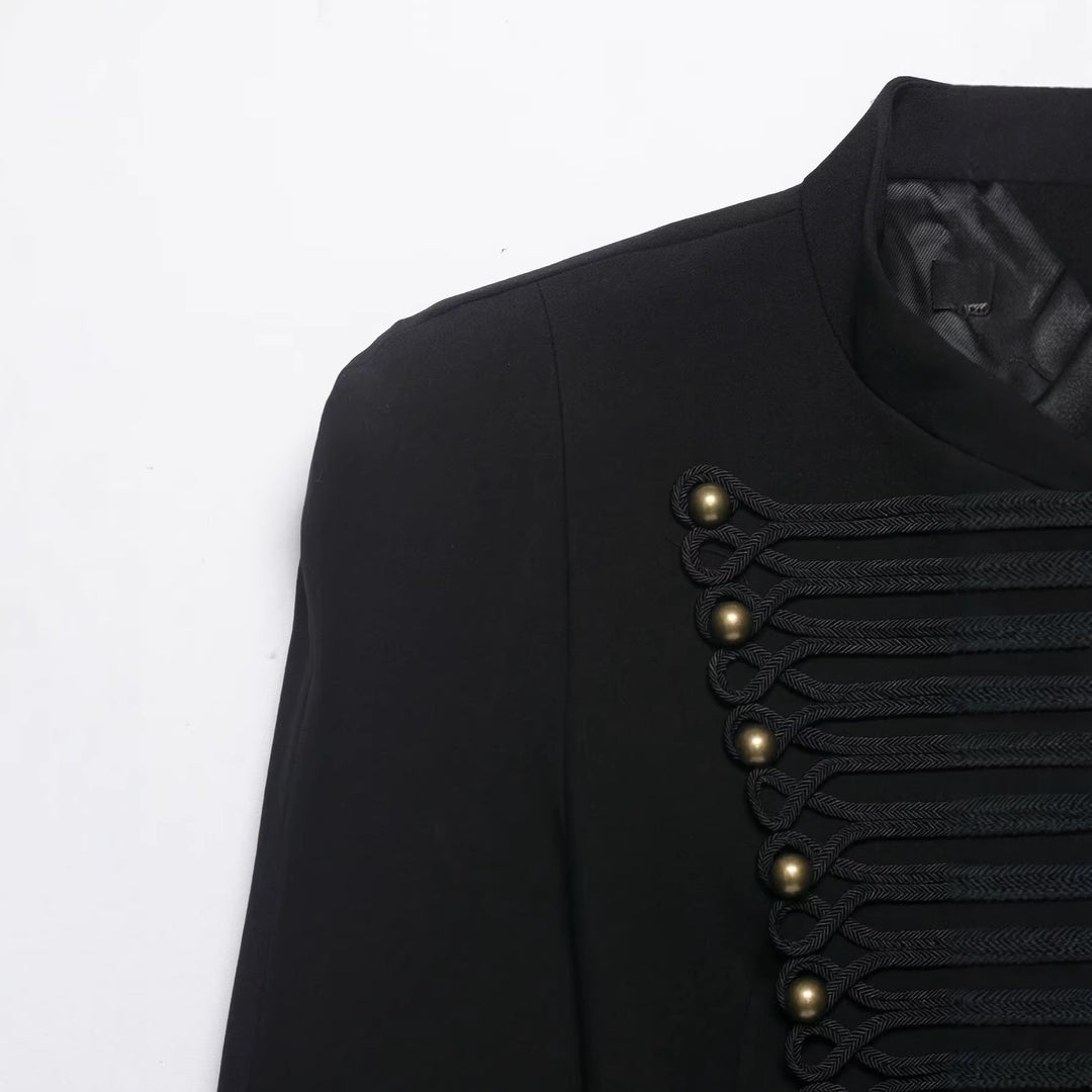 Women Military Inspired Short Jacket with Stand-up Collar and Decorative Cords Mune Fashion
