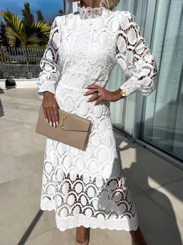 Women's crocheted midi dress with stand-up collar, transparent lace sleeves, and fitted A-line Mune Fashion