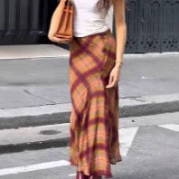 Women Flowing Checked Maxi Skirt with Tailored Trumpet Silhouette Mune Fashion