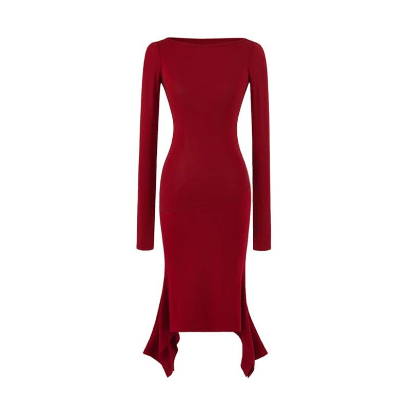 Women Figure-Hugging Midi Dress with Asymmetrical Hem and Panel Design Mune Fashion