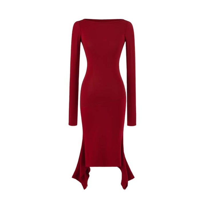 Women Figure-Hugging Midi Dress with Asymmetrical Hem and Panel Design Mune Fashion