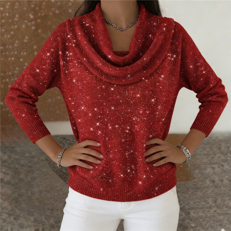 Women's Glittering Knit Sweater with Waterfall Neckline Mune Fashion