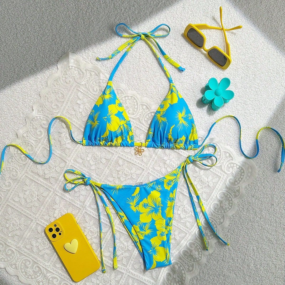 Women's triangle bikini with floral accents and intricate ties Mune Fashion