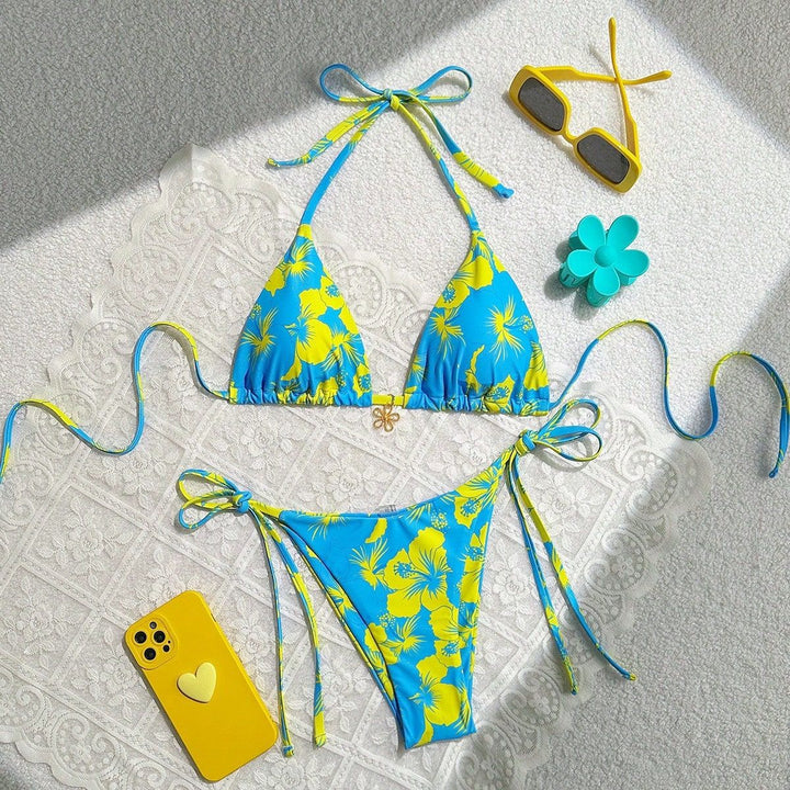 Women's triangle bikini with floral accents and intricate ties Mune Fashion