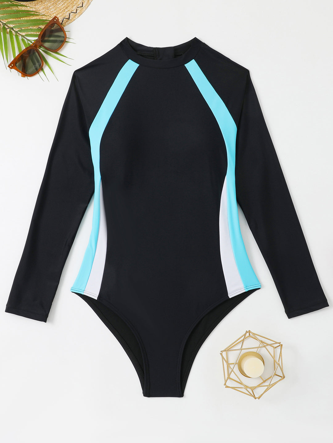 Women's Athletic Long Sleeve Swimsuit with Color Block Design Mune Fashion