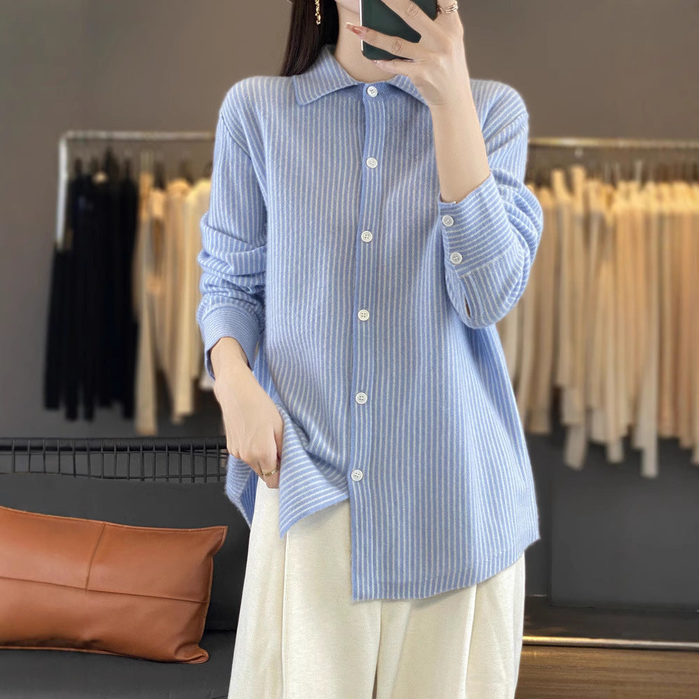 Women's Lightweight Fine Knit Shirt with Polo Collar and Fine Vertical Stripes Mune Fashion