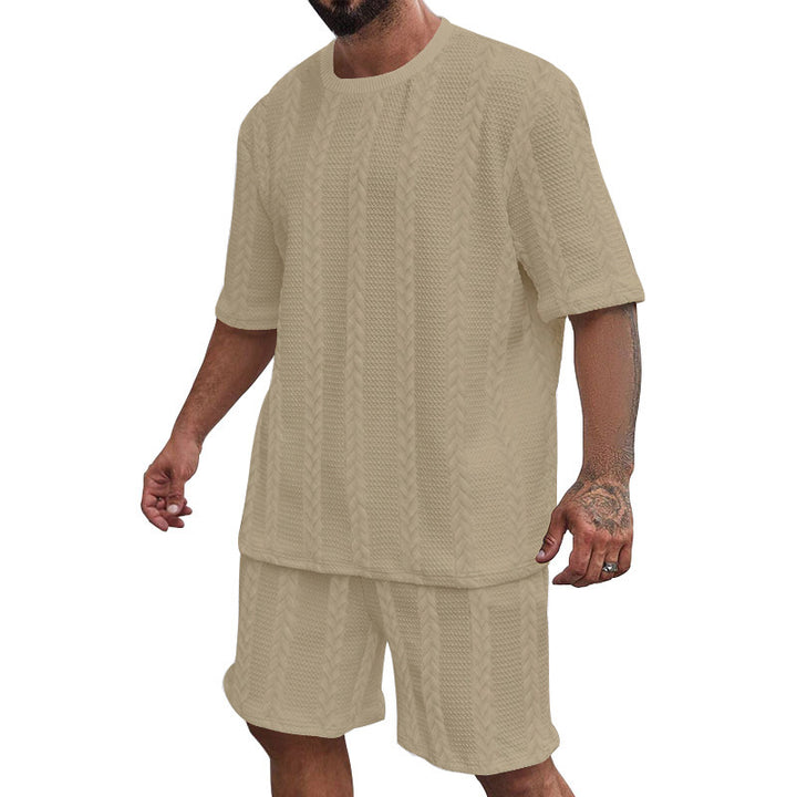 Men's relaxed braid-knit leisure set with wide short-sleeve shirt and elastic Bermuda Mune Fashion