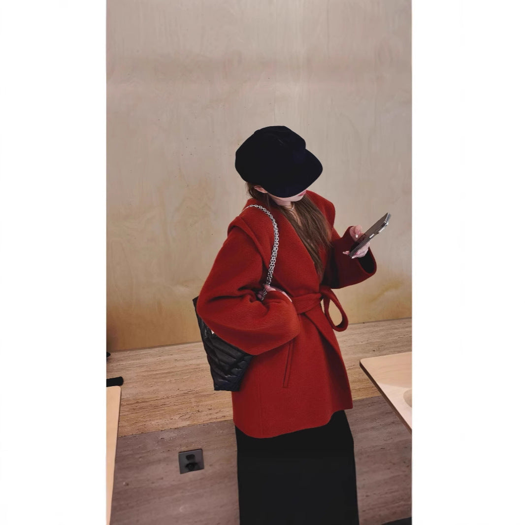 Women's Oversized Wool Coat with Hood and Waist Belt Mune Fashion