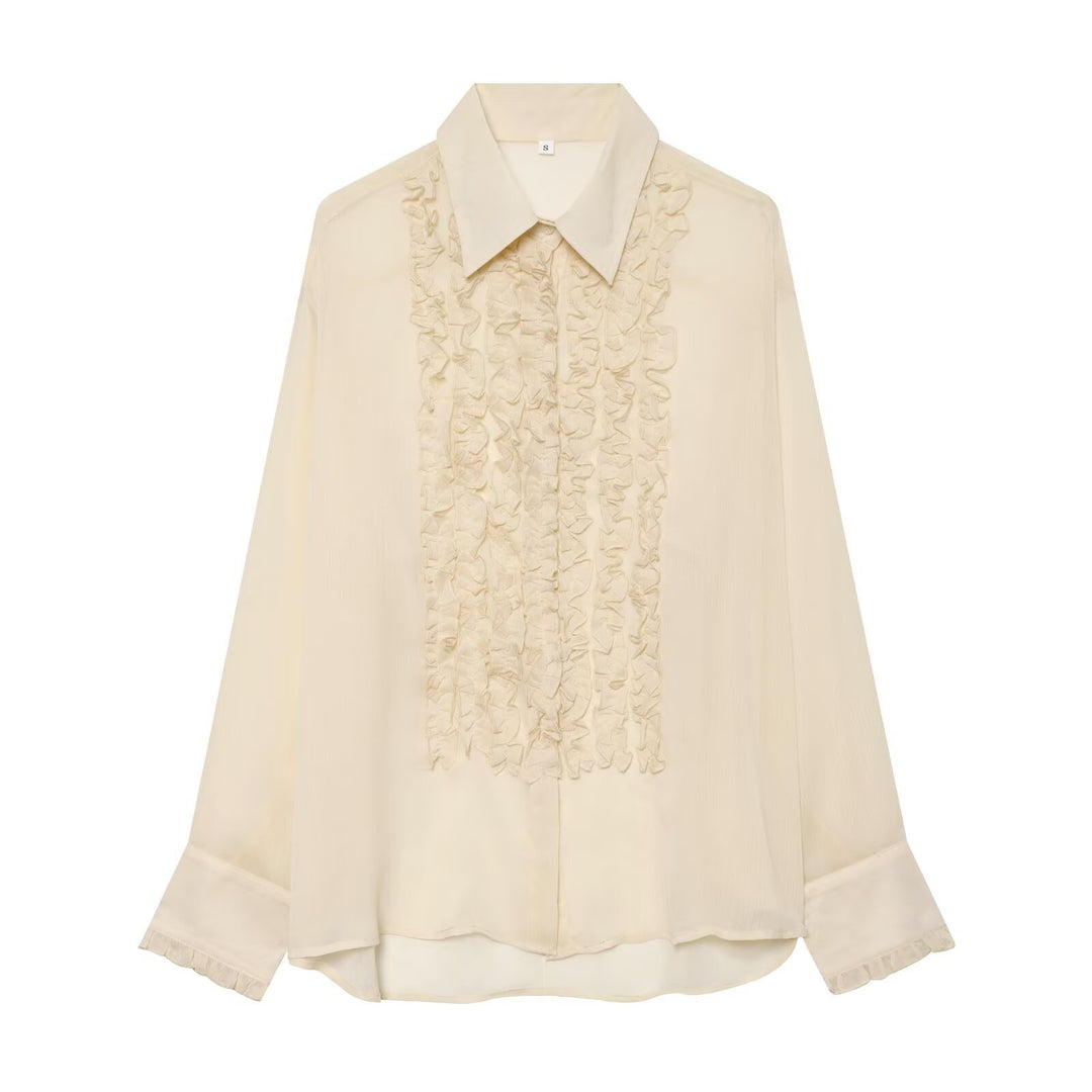 Women's Ruffled Hem Chiffon Blouse with Hidden Button Placket and Oversized Shirt Collar Mune Fashion