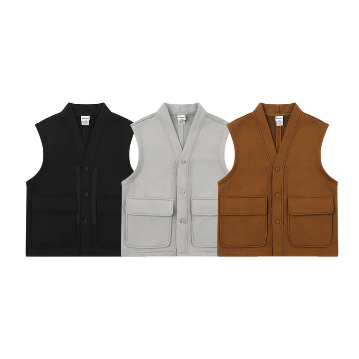 Unisex Utility Vest with V-Neck, large flap pockets and button placket Mune Fashion