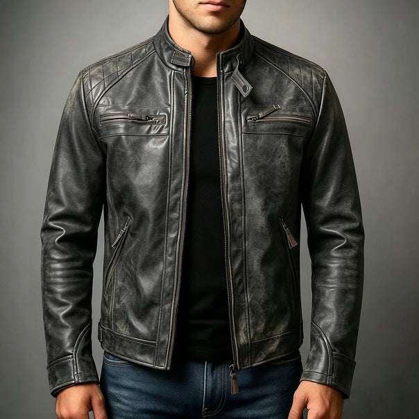 Men's biker-inspired faux leather jacket with standing collar, quilted shoulder area, and zippered pockets Mune Fashion