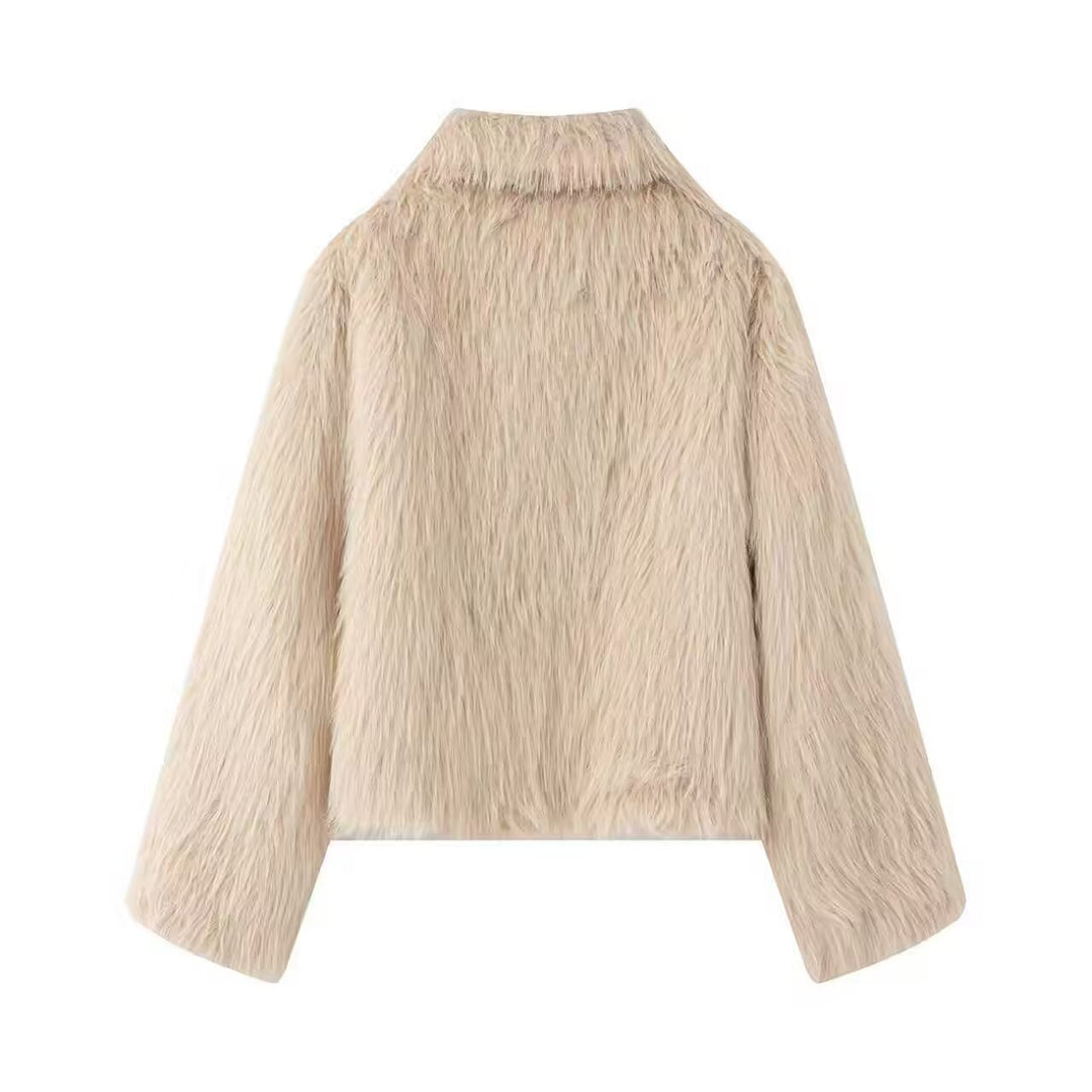 Women Short Faux Fur Cropped Jacket with Voluminous Shawl Collar and Front Zipper Mune Fashion