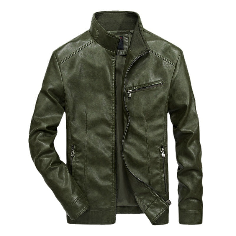 Men's faux leather motorcycle jacket in slim fit with high closing stand-up collar and diagonal chest zipper Mune Fashion