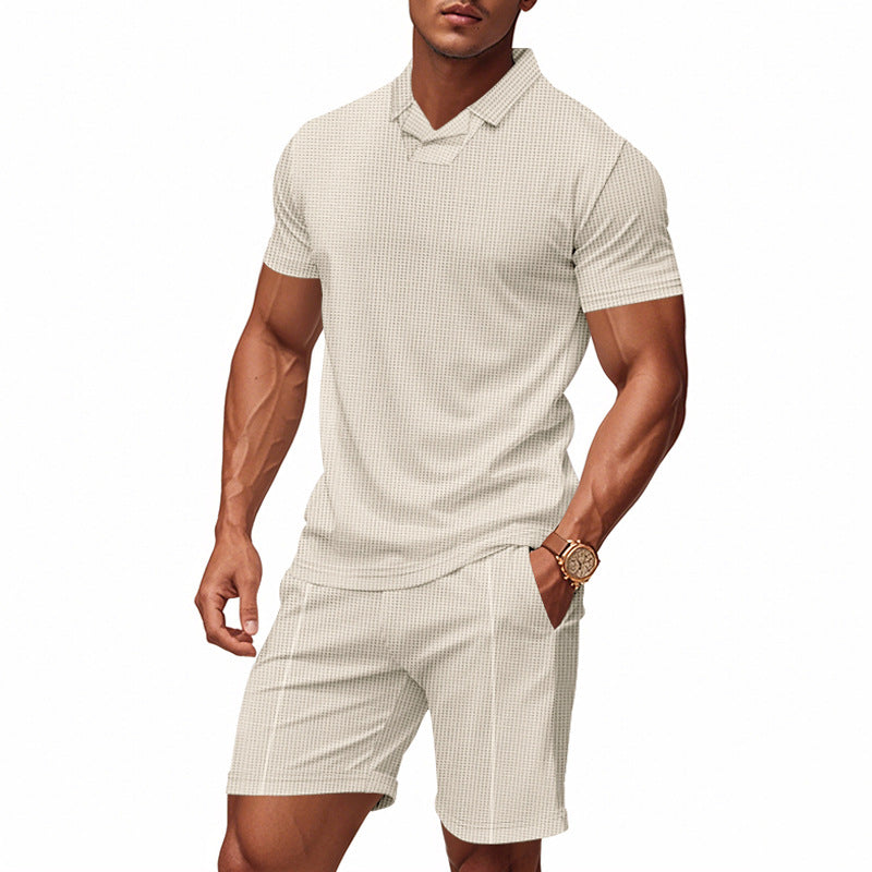 Men's casual waffle structured leisure set with lapel collar short sleeve shirt and elastic leisure shorts Mune Fashion
