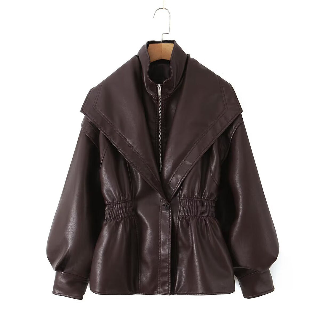 Women's faux leather jacket with XXL shawl collar, waist elastic and balloon sleeves Mune Fashion