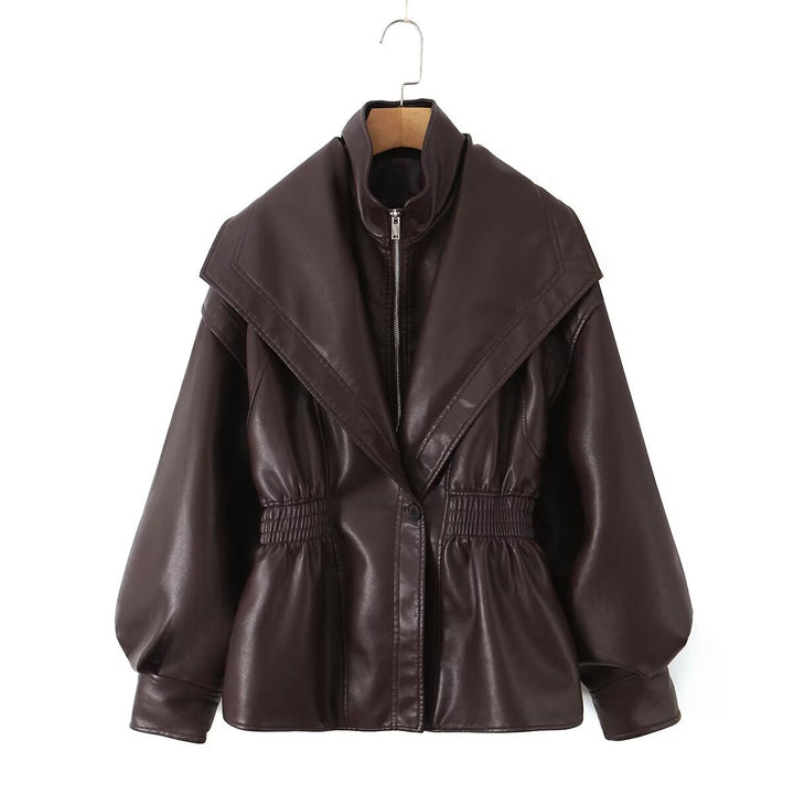Women's faux leather jacket with XXL shawl collar, waist elastic and balloon sleeves Mune Fashion