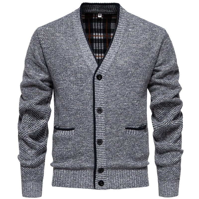 Men's Structured V-Neck Knit Cardigan with Contrasting Edge and Checked Lining Mune Fashion