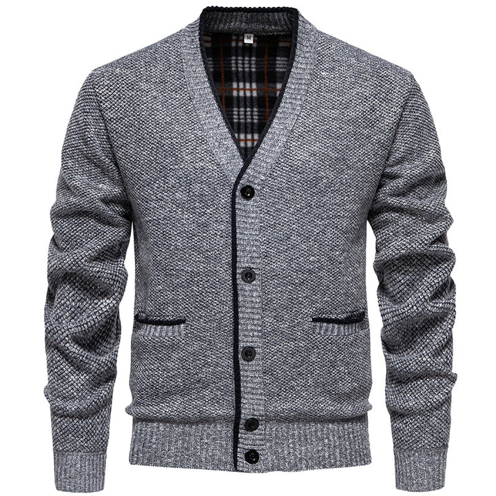 Men's Structured V-Neck Knit Cardigan with Contrasting Edge and Checked Lining Mune Fashion