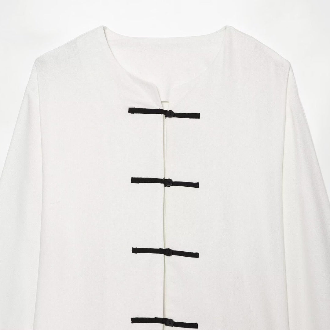 Women Boxy Jacket with Mandarin Collar and Decorative Knot Closures Mune Fashion