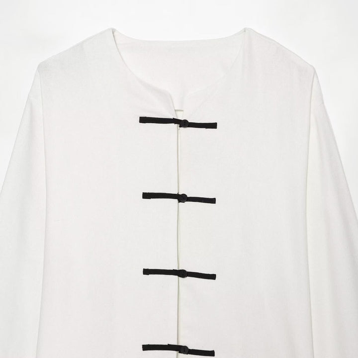 Women Boxy Jacket with Mandarin Collar and Decorative Knot Closures Mune Fashion