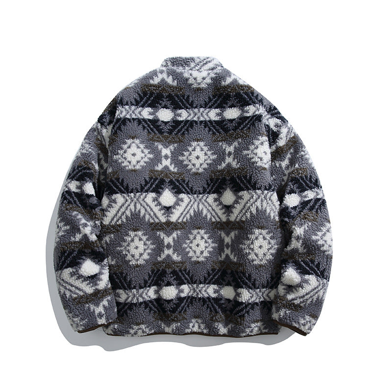 Unisex teddy fleece jacket in tribal pattern with stand-up collar and continuous zipper Mune Fashion