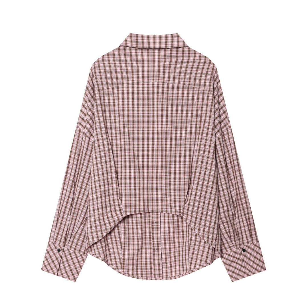 Women Checked Oversized Shirt Blouse with Side Tunnel Drawstrings and Breast Pocket Mune Fashion